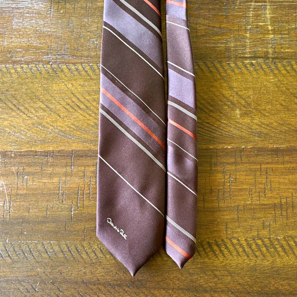 Oscar de la Renta Men's Silk Satin Vintage Stripe Pointed Tie Brown Gray Orange
